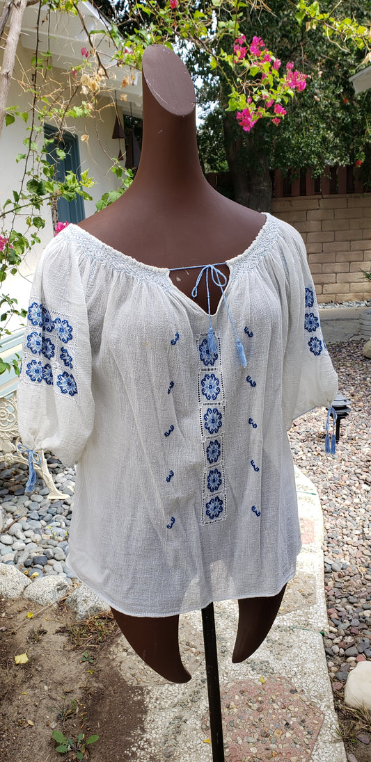 Blue & White Vintage Peasant Top